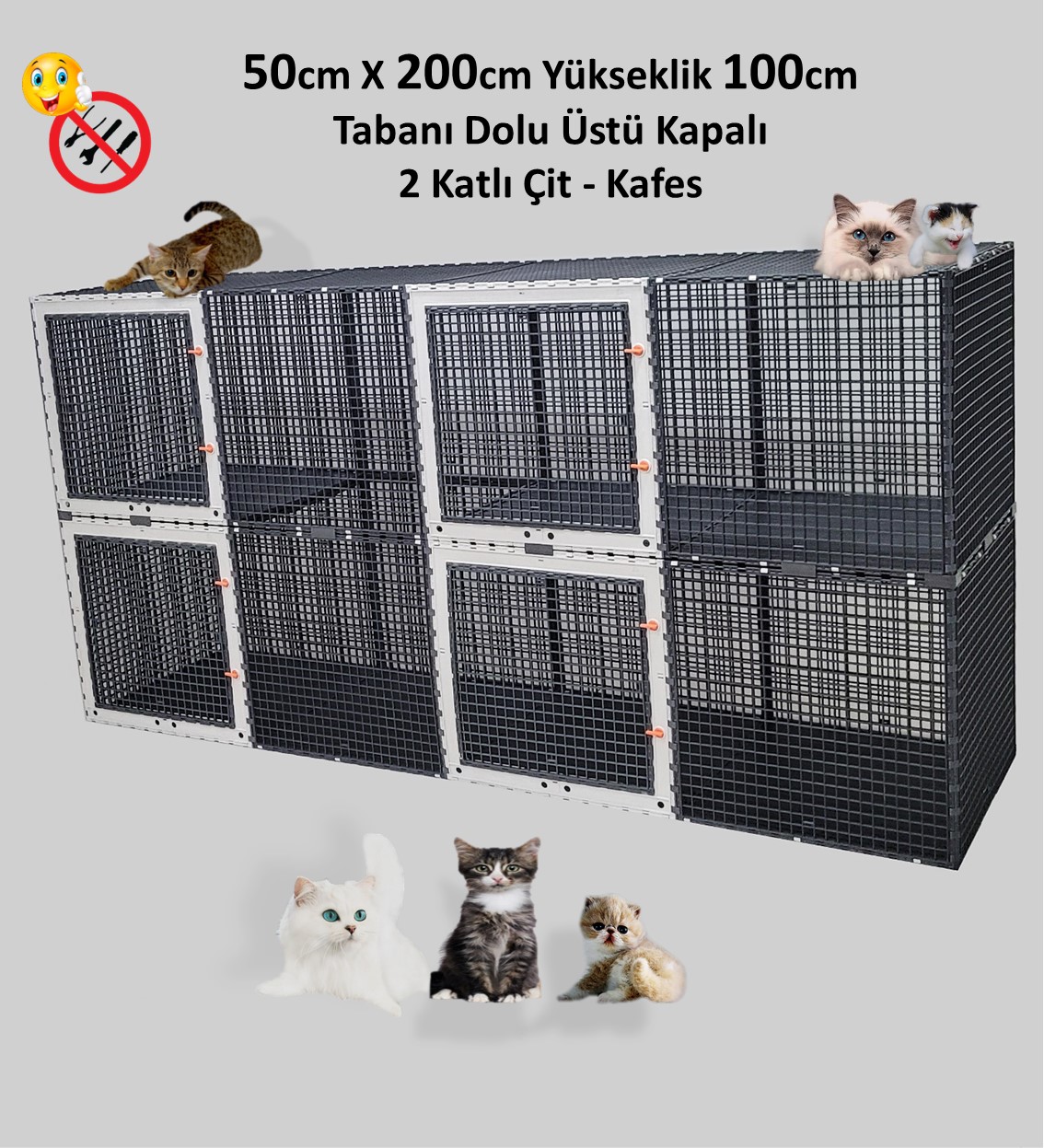 1-3.jpg 50cm X 200cm Yükseklik 100cm Kedi, Tavşan, Ginepig, Tavuk Tabanı Dolu Üstü Kapalı 2 Katlı Çit - Kafes - Görsel 1